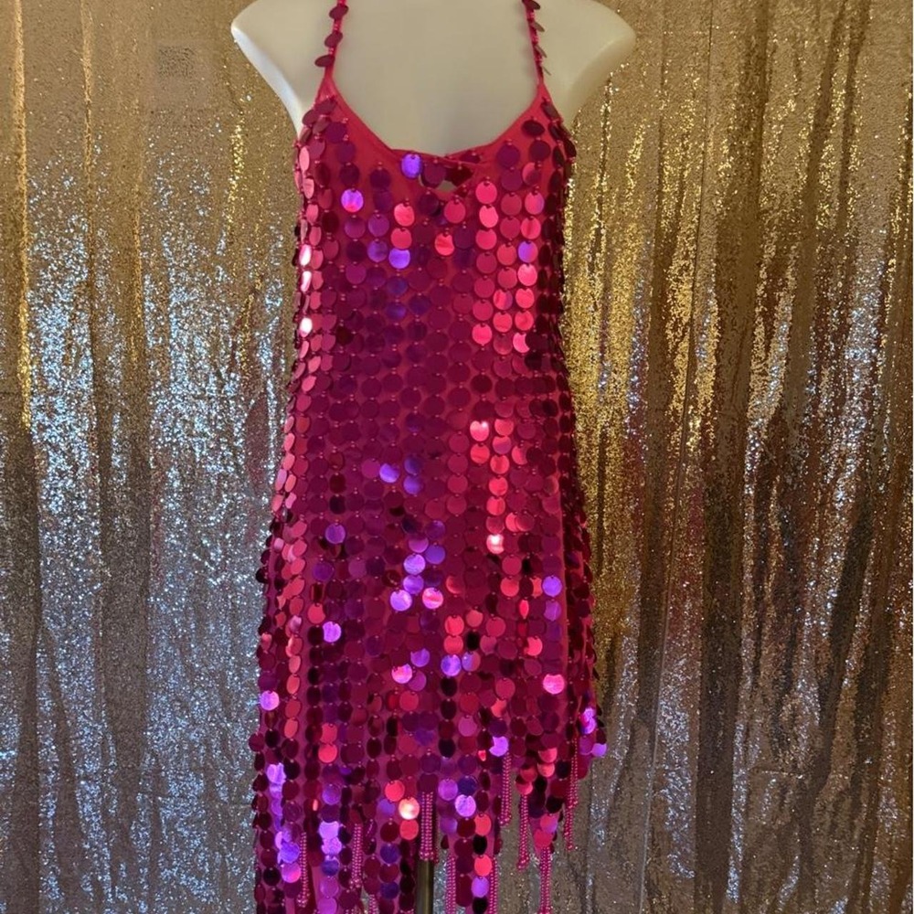Western Fashion Pink Coin Sequin Beaded Fringe Halter Dress One Size